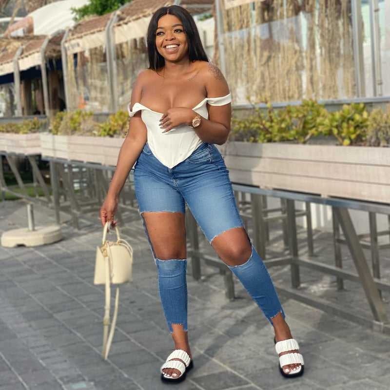 Women Plus Size Jeans Slim Ripped Denim Skinny Pants