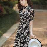Women cottagecore Dress Summer French Vintage Dress V-neck Floral Black Dress Skirt