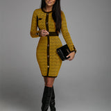Women Dress Winter Vintage Slim-Fit Contrast Colors Cardigan Printed Dress