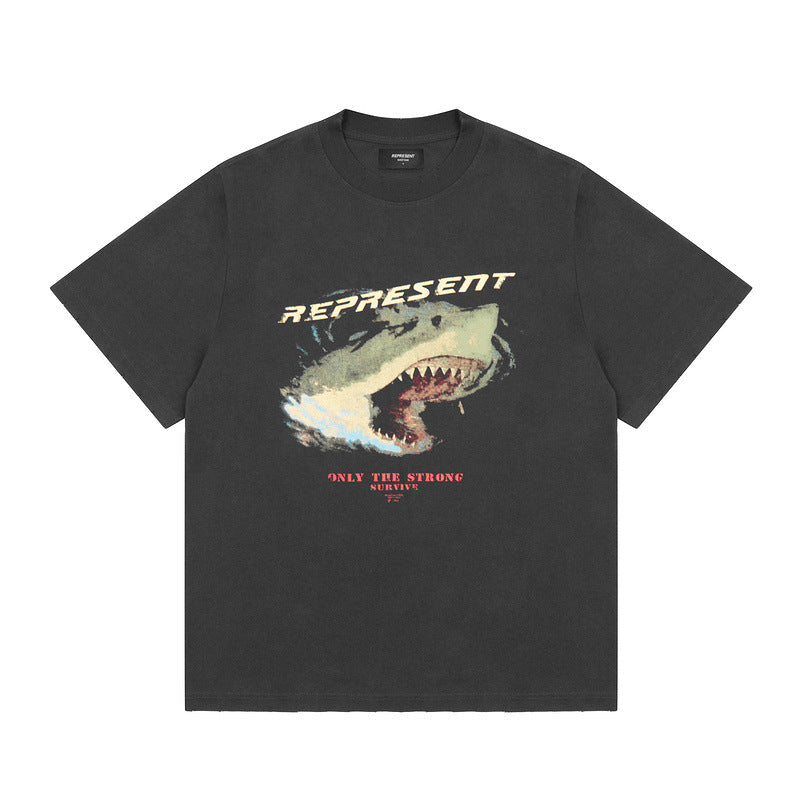 Present T Shirt Shark Print Distressed Loose Heavy Cotton
