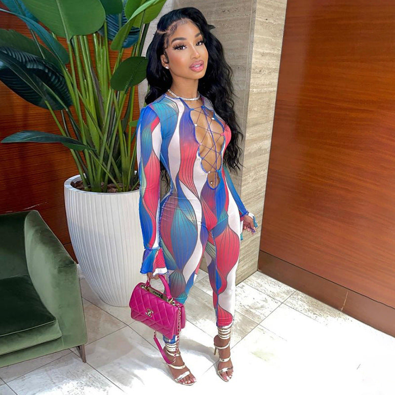 Autumn Sexy Hollow Mesh Printing High Waist Tight Sports Casual Jumpsuit