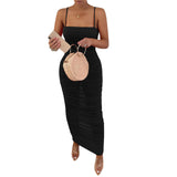 Pure Color Mesh See-through Sexy Suspender Pleated Dress