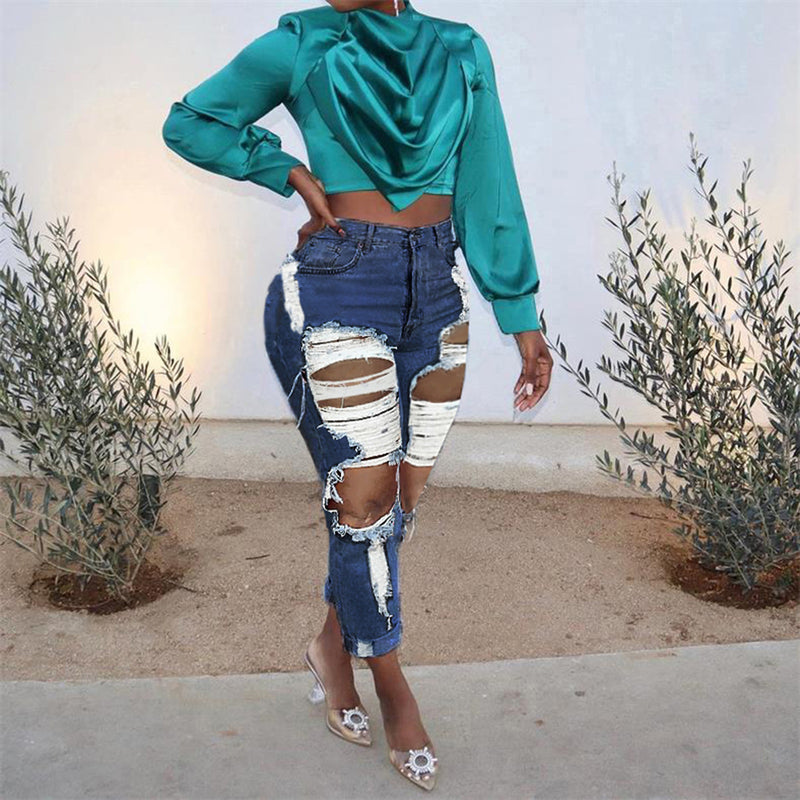 Women Plus Size Jeans Ripped Fashion Casual Ankle Banded Pants
