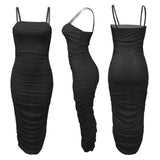 Pure Color Mesh See-through Sexy Suspender Pleated Dress