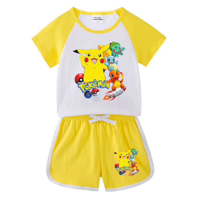 Children Pokemon Pikachu Tshirts & Shorts Short-Sleeved T-shirt Shorts Casual Sports Two-Piece Neutral