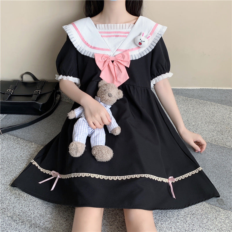 Gothic Lolita Harajuku Style Clothing Personality Stitching Sailor Collar Rabbit Ears Contrast Color Short Sleeve Dress