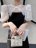 Black and White Dress French Retro Black and White Decorative Stitching Lace Short Sleeve Dress Hepburn Black Dress
