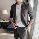Men Trousers Slim Fit Mid-Sleeve Suit Two-Piece Set