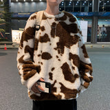 Men Dalmatian Coat Cows Pattern Sweatshirt Winter Loose Hip Hop Polar Fleece