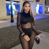 Kesha Black Dress Women's Sexy Mesh Stitching See-through One-Piece Pants Length