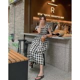 Black and White Dress Summer Square Collar Black and White Plaid Midi Suspender Dress