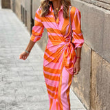 Women Bohemian Dress Casual Long Sleeve Striped Printed Dress
