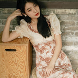 Women cottagecore Dress Summer Vintage Floral Chiffon Dress Elegant Dress