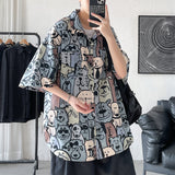 Men's Shirts Summer Men's Ice Silk Hand-Painted Anime Print Shirt