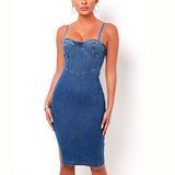 Women Summer Dresses Midi Dress  Spring Sexy Women's Fashion Suspender Denim Dress
