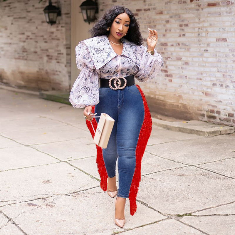 Women Plus Size Jeans Slim-Fit Tassel Denim Skinny Pants