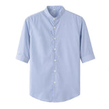 Men Shirts Slim-Fit Half-Sleeve Striped Stand-up Collar Shirt