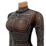 Kesha Black Dress Women's Fashion Sexy Mesh See-through Long Sleeve Nightclub Hot Rhinestone Dress