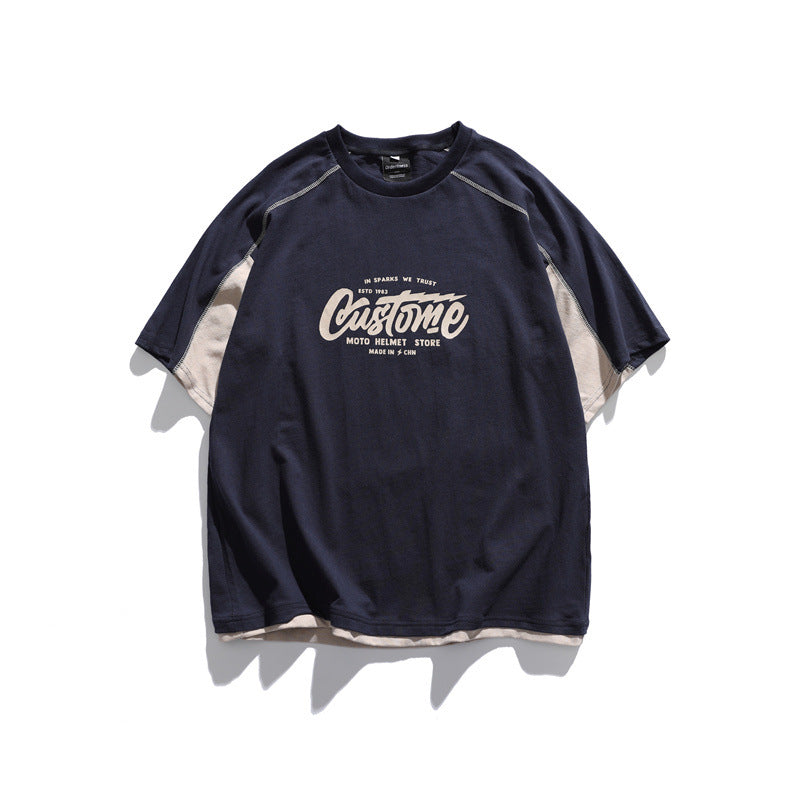 Man Summer T Shirt Contrast Colors False-Two-Piece Half Sleeve