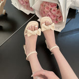 Nude Pumps Block Heel Bowknot Chunky Heel Sandals