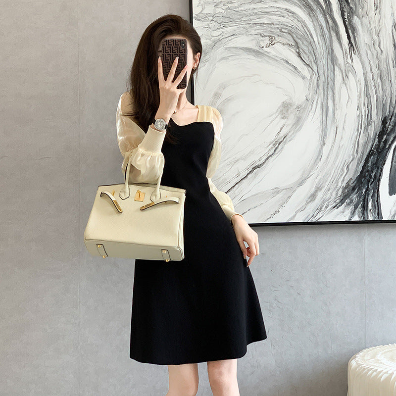 Fairy Dress Knitted Dress for Women Autumn Mesh Sleeves Mid-Length Sweater Bottoming A- line Dress
