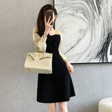 Fairy Dress Knitted Dress for Women Autumn Mesh Sleeves Mid-Length Sweater Bottoming A- line Dress