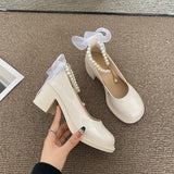 Nude Block Heel Sandals Vintage Bow Leather Shoes