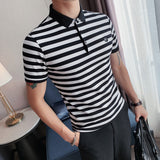 Men Polo Shirts Striped Shirt Slim Fit Lapel T-shirt