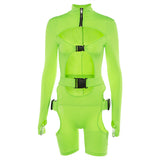 Fall Women's Clothing Sexy Cutout Sheath Tight Fluorescent Color Long Sleeve Sports One-Piece Shorts