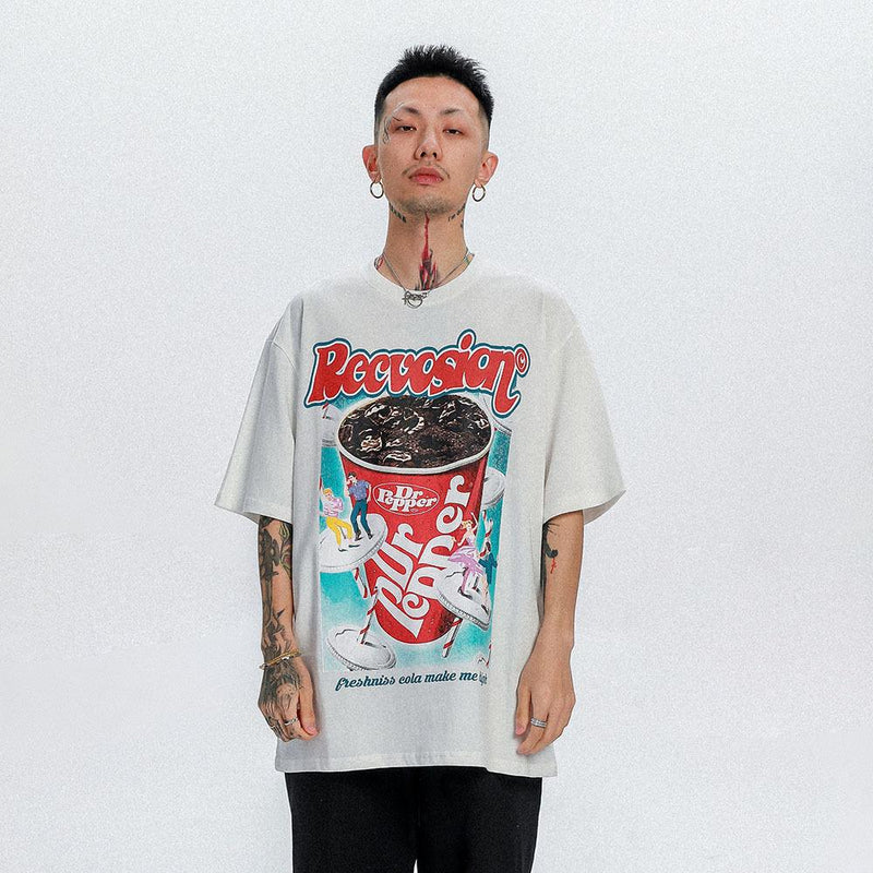 Men T Shirt Summer Casual Tops Coke Cup Printed Short Sleeve T-shirt Men's High Street round Neck Half Sleeve Summer Fashion Brand