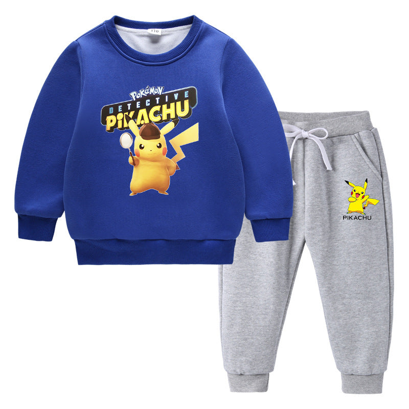 Children Pokemon Pikachu Hoodie & Pant Set Fleece Lined Padded Warm Keeping Winter Clothes Sweatershirt Suit