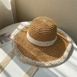 Straw Hat Lace Lace Cutout Foldable Straw Hat