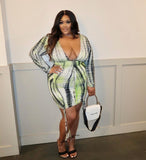 Women Plus Size Mini Dresses Printed V-neck Sexy Crumpled Bodycon Dress