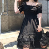 Gothic Lolita Harajuku Style Clothing Lace Black Puff Sleeve Hepburn Black Dress Dress