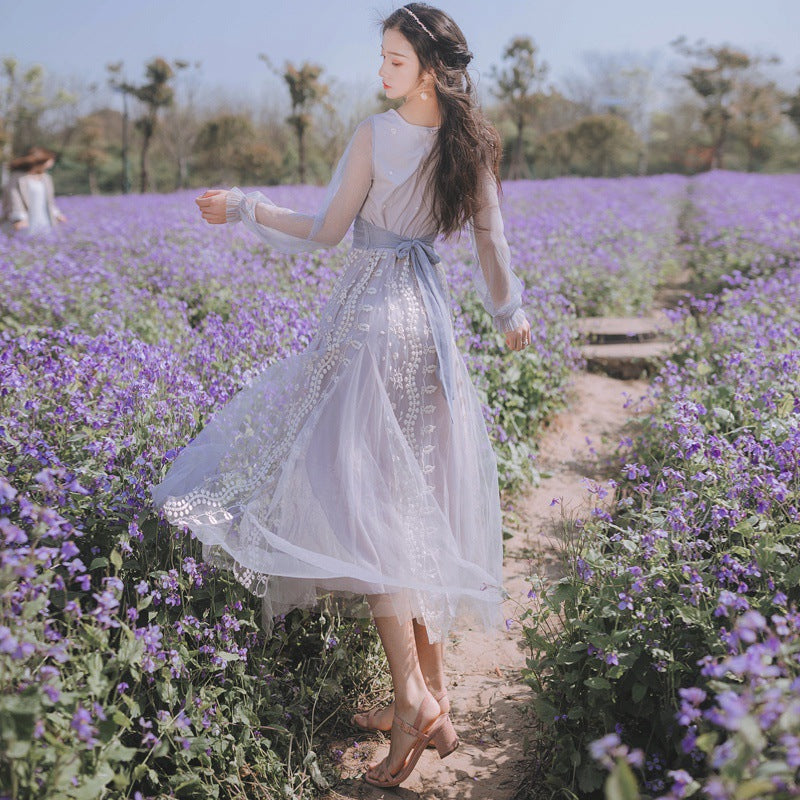 Fairy Dress Refined Handmade Lace Mesh Embroidered V-neck Long Sleeve Light Purple Fairy Lady Super Fairy Spring and Autumn