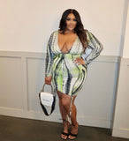 Women Plus Size Mini Dresses Printed V-neck Sexy Crumpled Bodycon Dress