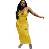 Spring and Summer Vest Deep V-neck Slim-Fit Ripped Burning Flower Sexy Dress