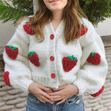 Women Coats Autumn and Winter Single-Breasted V-neck Knitted Cardigan Strawberry Long-Sleeved Sweater