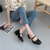 Nude Pumps Block Heel Mary Jane Leather Shoes