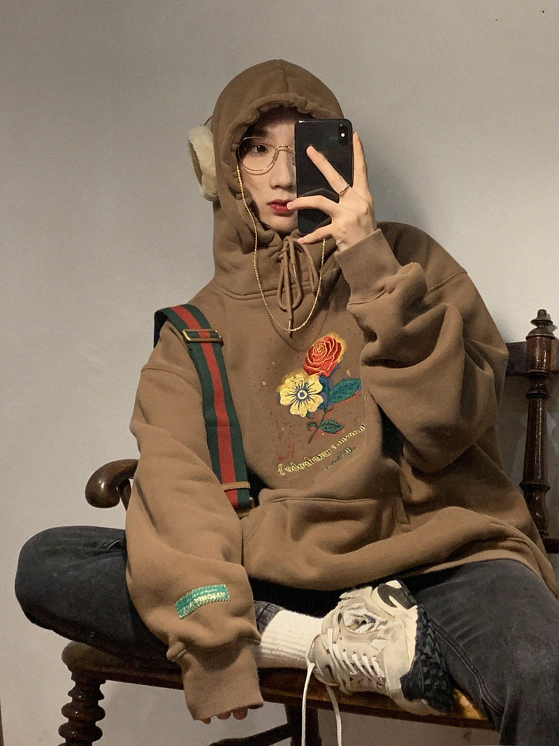 Black Rose Hoodie Vintage Fleece-Lined Thickening Embroidery Rose Sweater