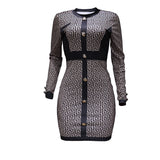 Women Dress Winter Vintage Slim-Fit Contrast Colors Cardigan Printed Dress