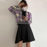 Preppy Aesthetic Outfits Diamond Plaid Contrast Color Cropped Pullover Sweater