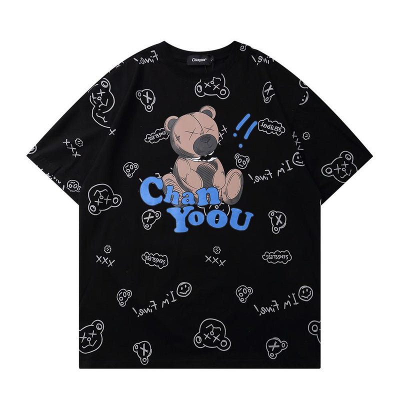 Men's T Shirt Summer Casual Tops Cartoon Bear Full Printed Short Sleeve T-shirt Men's round Neck Half Sleeve Idle Style Trendy Half Sleeve