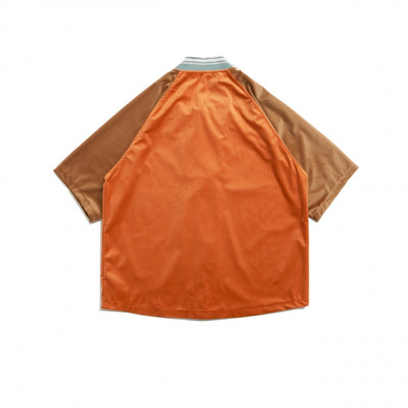 Baseball T Shirt Summer Corduroy Contrast Color Letter Print Baseball Collar Short Sleeve Shirt for Men