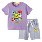Children Pokemon Pikachu Tshirts & Shorts round Neck Half Sleeve T-shirt Suit Cotton Two-Piece Suit