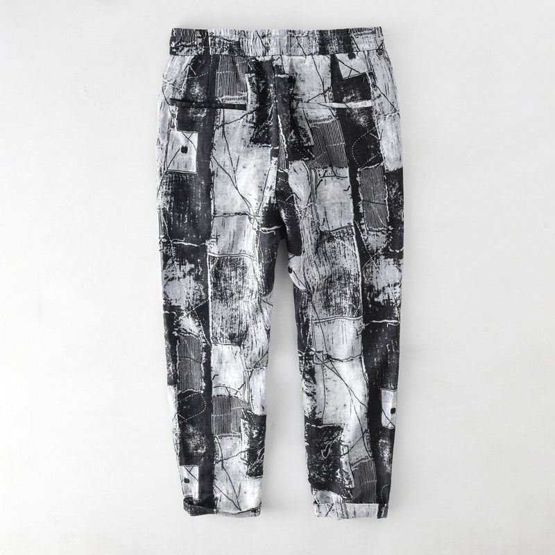 Linen Pants Straight Leg Pants Drawstring Lightweight Elastic Beach Pants Printed Cotton and Linen