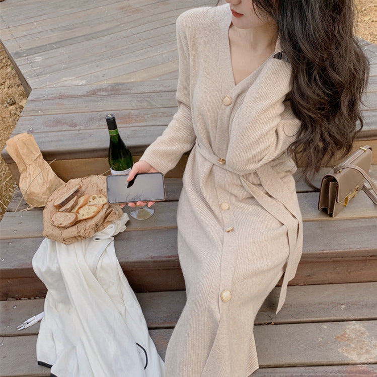 Fairy Dress Knitted Dress for Women Autumn and Winter Lacing French Style V-neck Inner Wear Bottoming Skirt Fairy Skirt