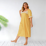 Women Plus Size Maxi Dresses Lace Polka Dot Loose Casual Dress