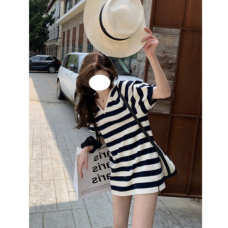 Black and White Dress Black and White Stripes V-neck Lantern Sleeve T-shirt Skirt