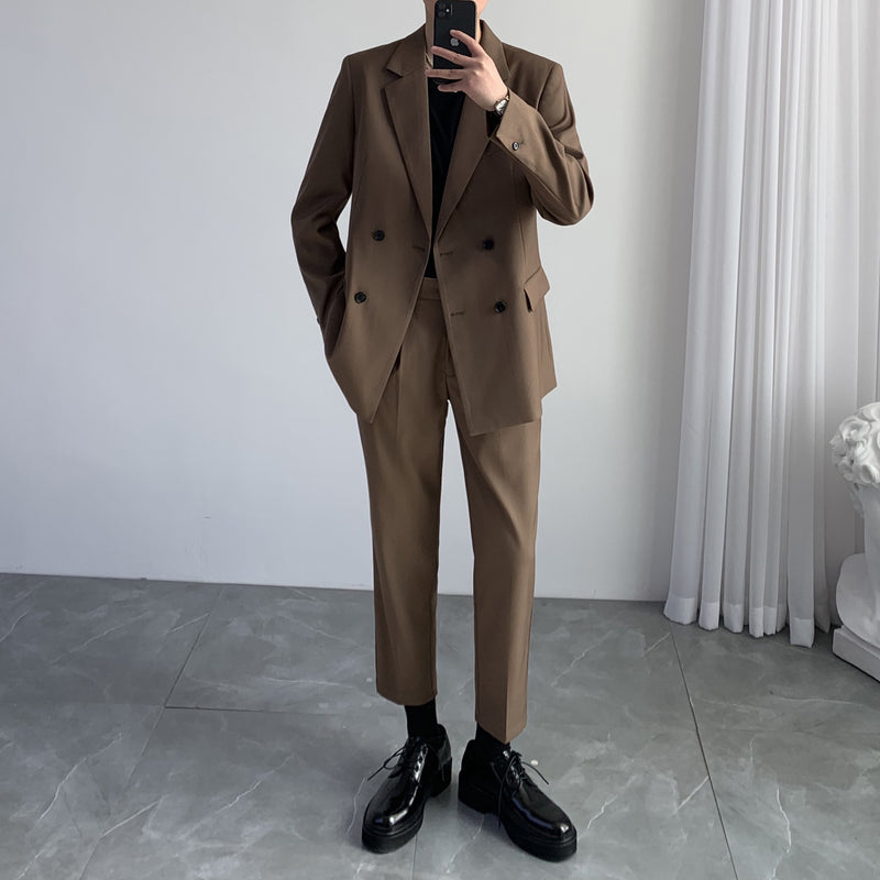 Double Brewed Seersucker Suit Loose Casual Men's Wedding Suit Two-Piece Set